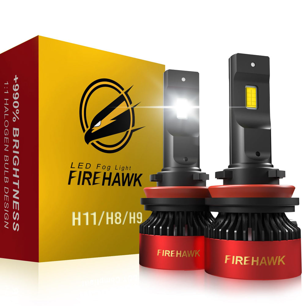 Firehawk H11/H8/H9/H16 bulbs in a pack; front view boosts night driving visibility.