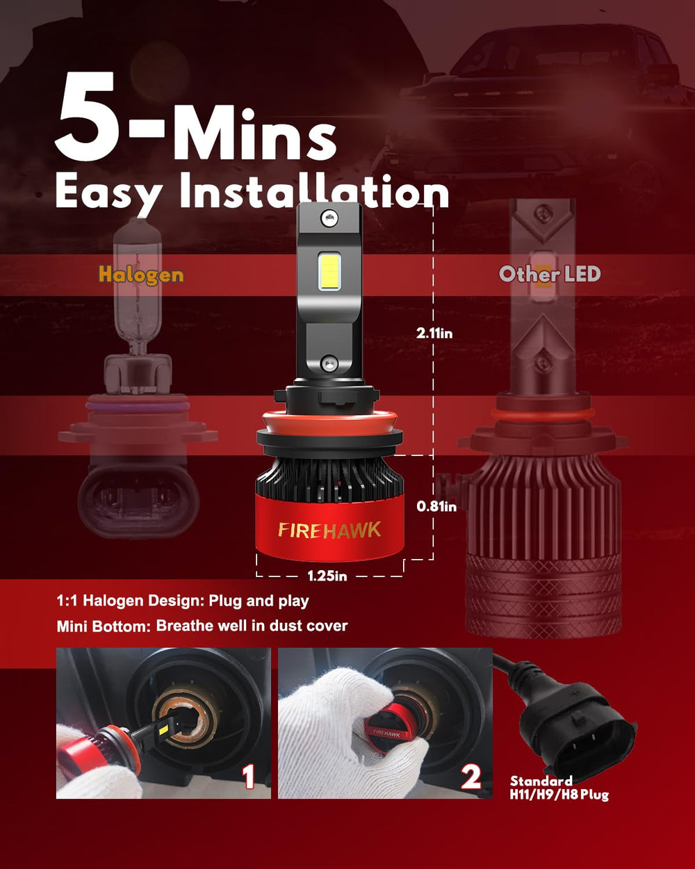 Firehawk H11/H8/H9/H16—plug-and-play install; minimalist wiring, quick upgrade.