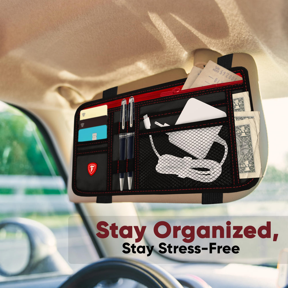 Firestone elastic bands and zipper closure secure contents during driving.
