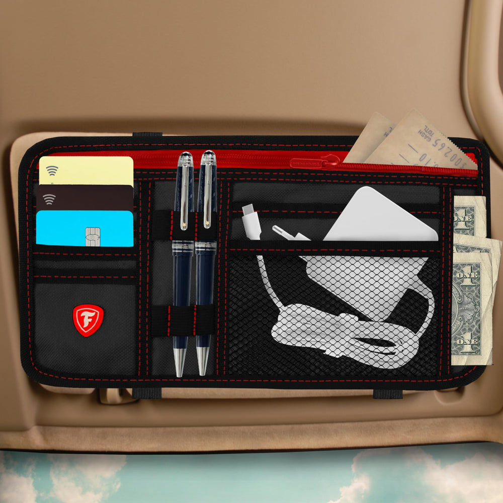 Firestone visor organizer with multiple pockets boosts car storage and accessibility.