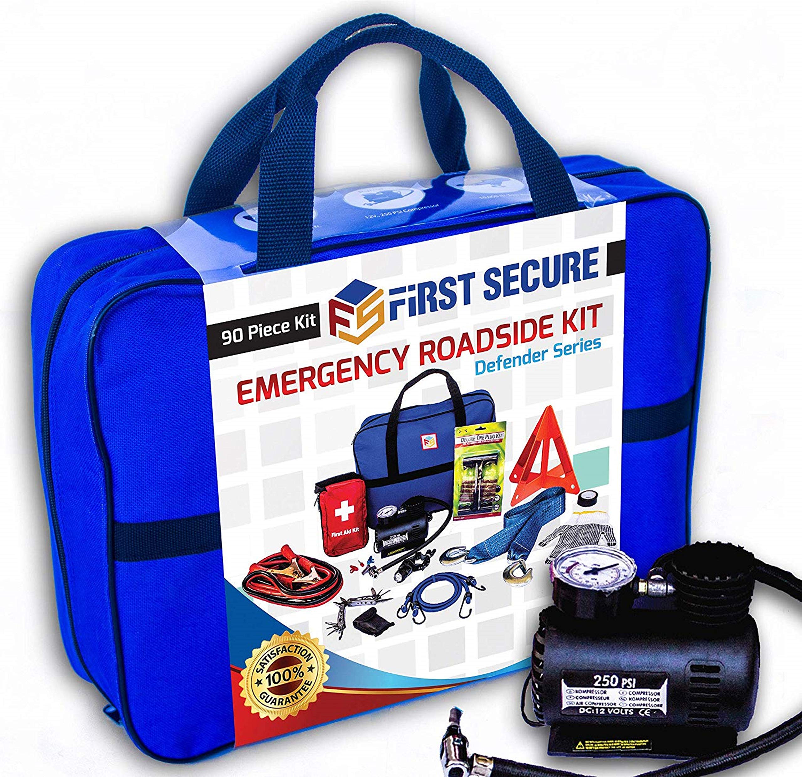FIRST SECURE car emergency kit front view showing rugged storage and organized tools for the road