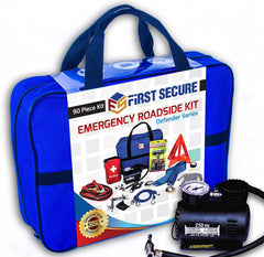 FIRST SECURE car emergency kit front view showing rugged storage and organized tools for the road