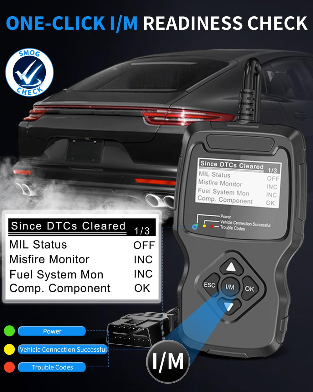 FirstOOL I/M readiness check shows emissions status at a glance.