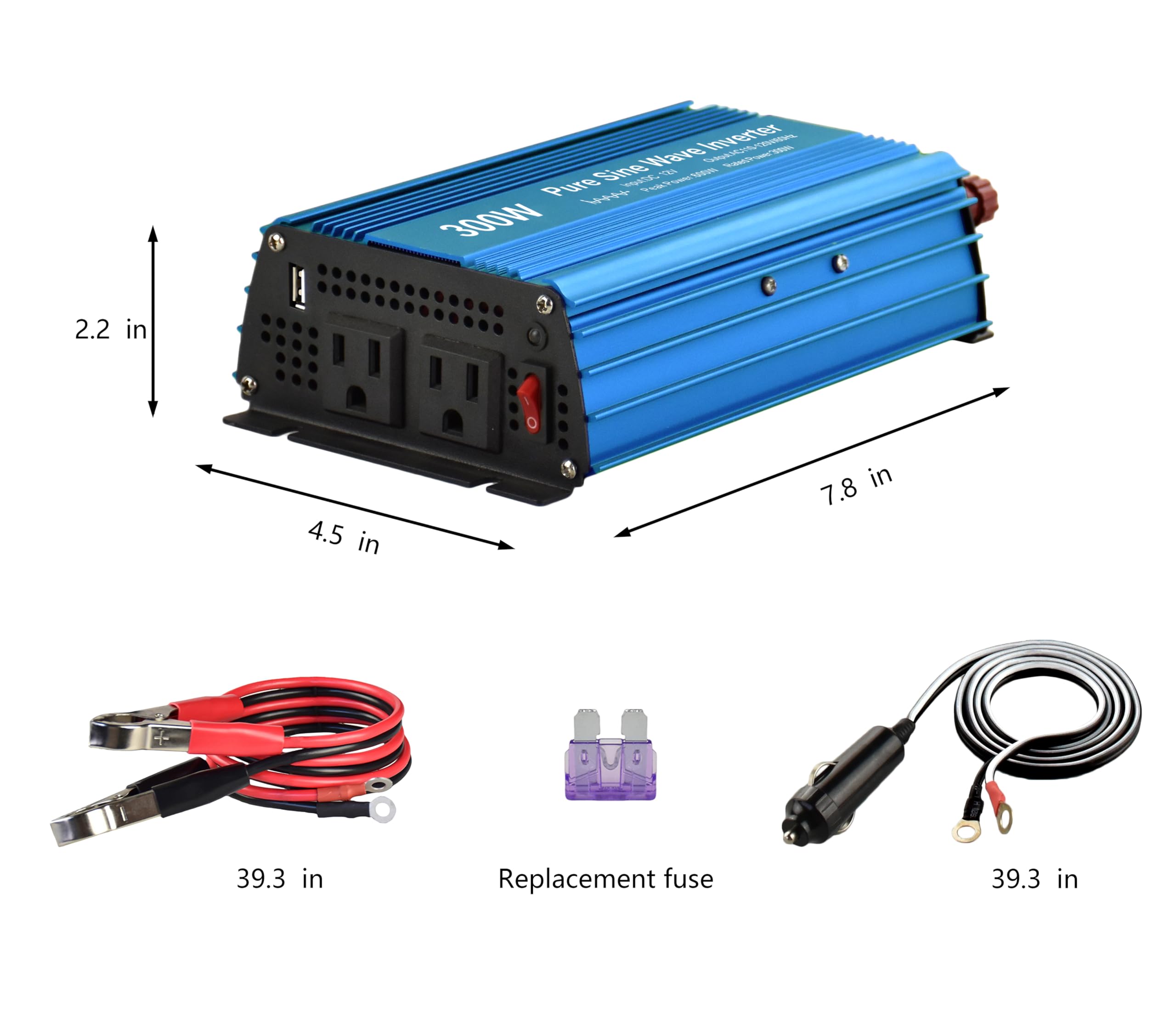 Fit4Less 300W inverter back view showing USB port for on-the-go charging.