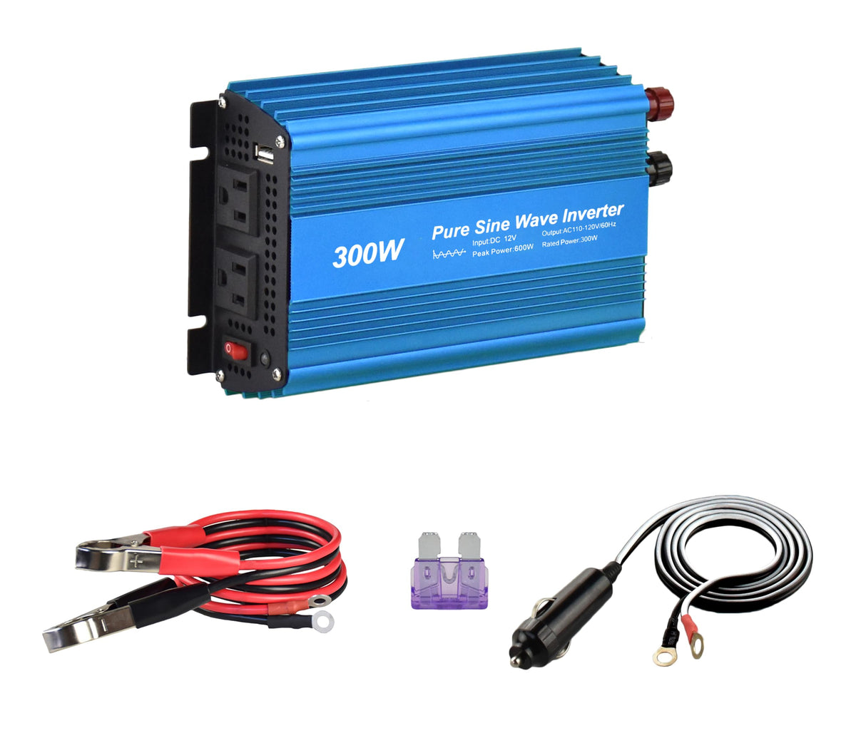 Fit4Less 300W inverter front view with dual outlets for easy use.