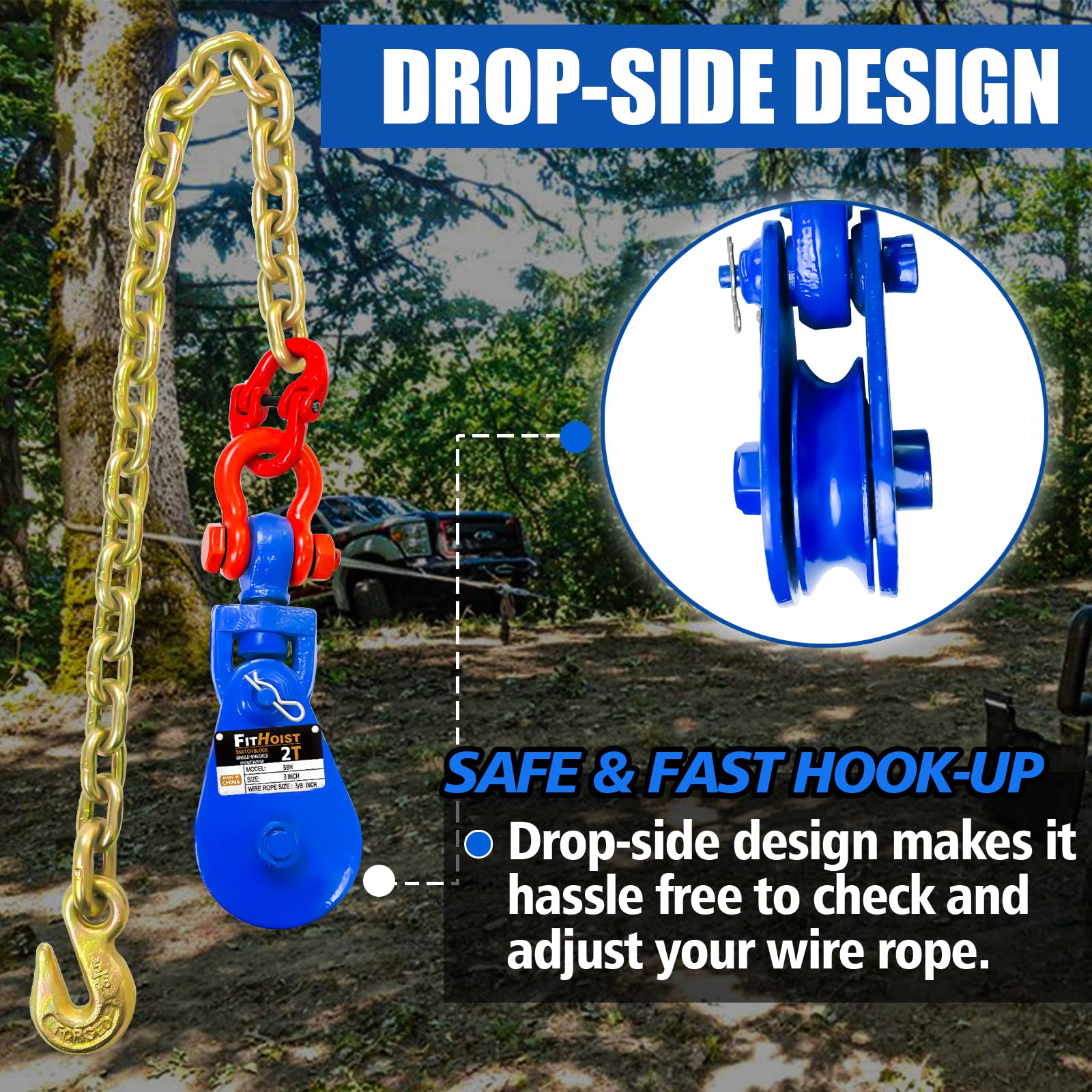 FITHOIST 3in single sheave protects rope and reduces manual effort.