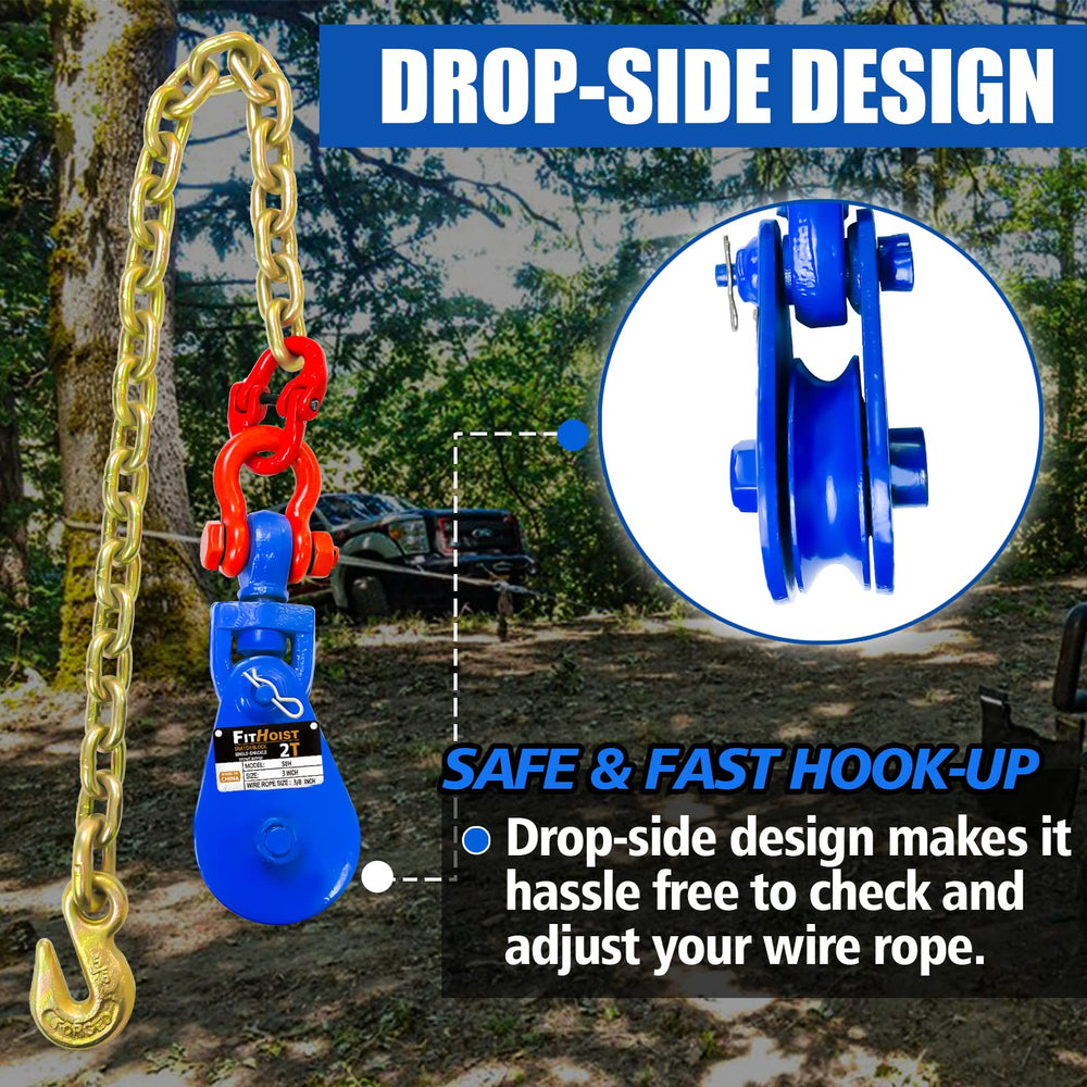 FITHOIST 3in single sheave protects rope and reduces manual effort.