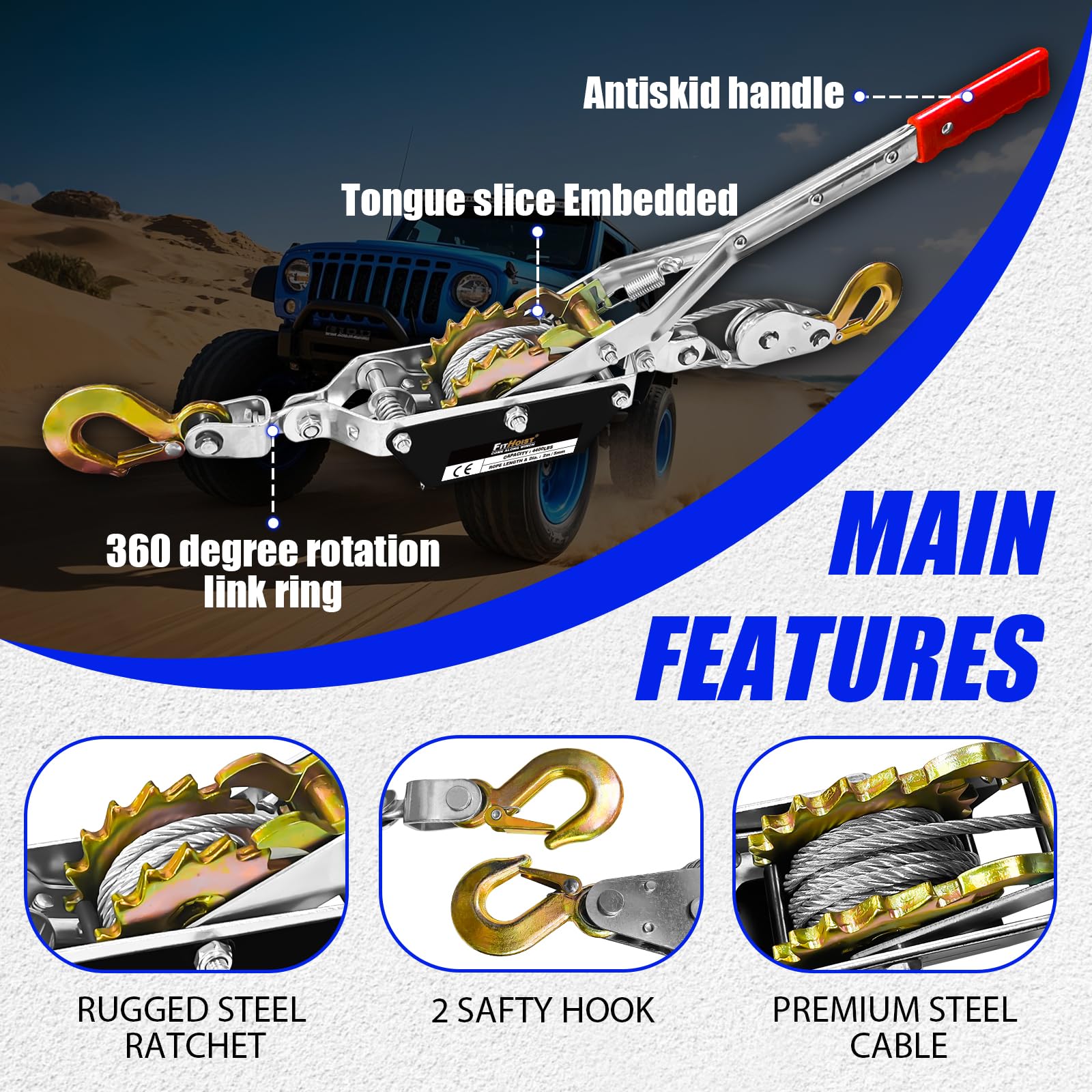 FITHOIST Come Along Winch cable drum showing galvanized steel cable ready for tough tasks