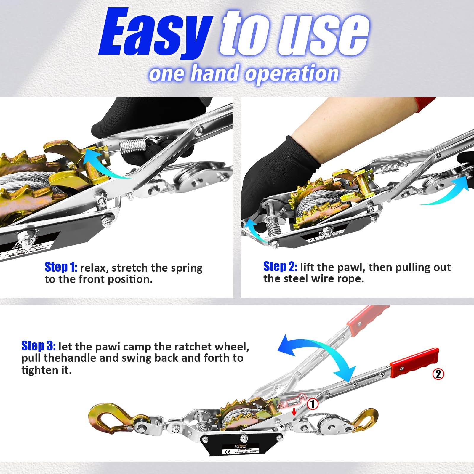 FITHOIST Come Along Winch ergonomic hand grip for comfortable leverage