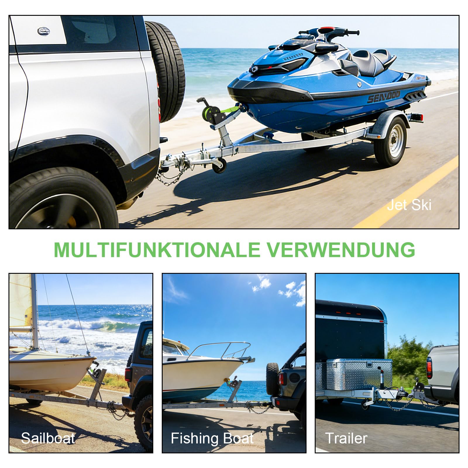 FITHOIST marine-ready-winch pairs with boats, jetskis, and ATVs on trailers
