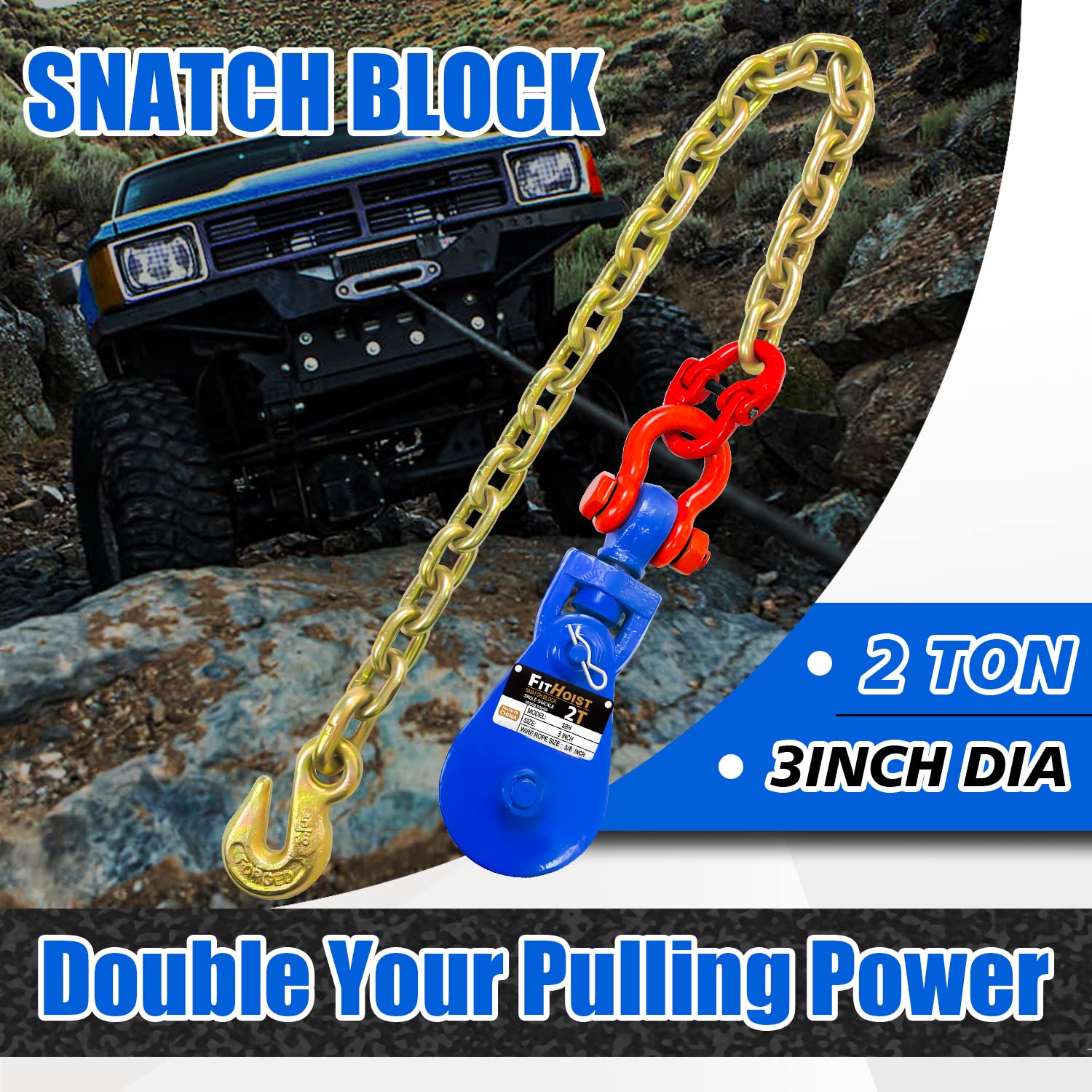 FITHOIST snatch block 3in-sheave close-up showing smooth operation and rope protection.