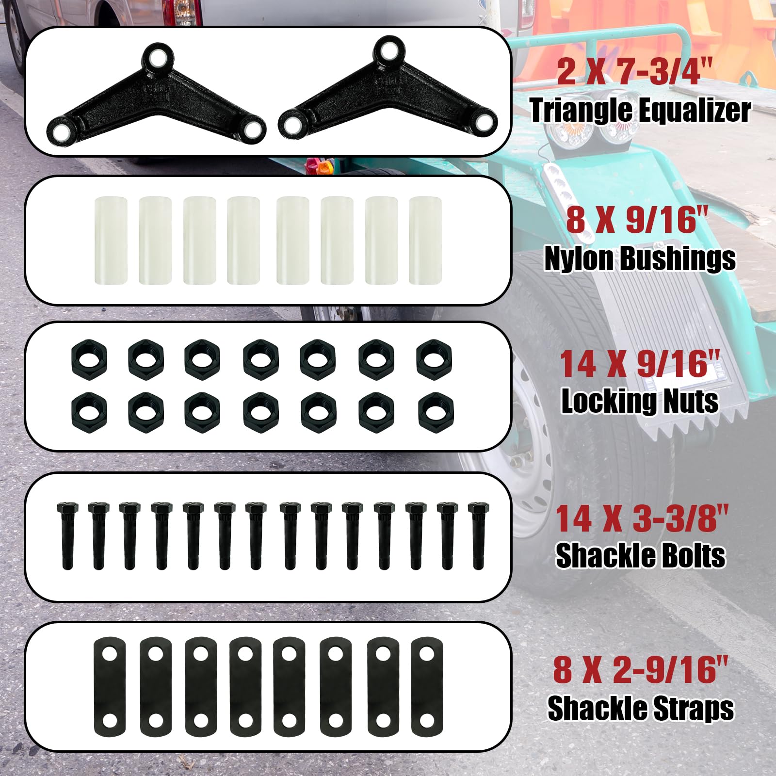 FITHOIST trailer shackle kit nylon bushings reduce wear and absorb shocks.