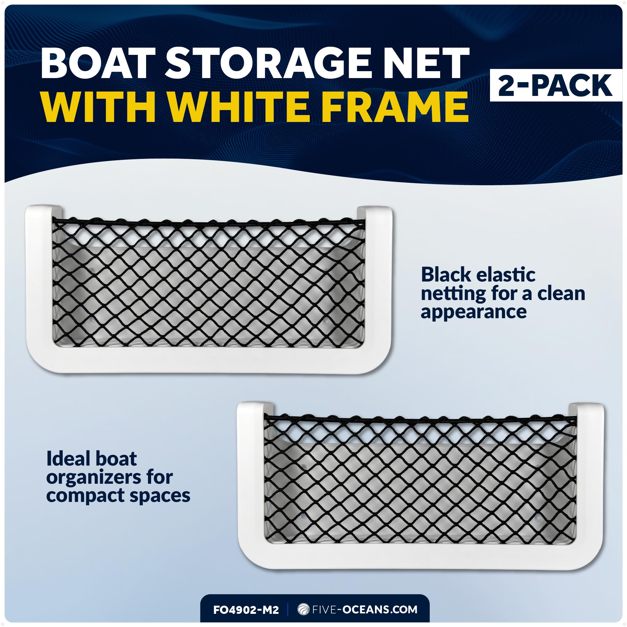 Five Oceans elastic black netting provides flexible storage for small items.