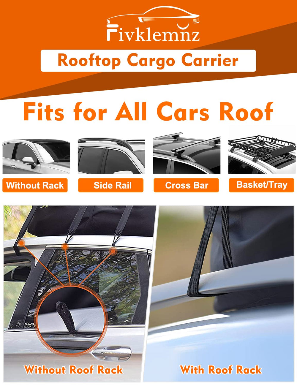FIVKLEMNZ roof bag fits cars, SUVs, vans, with or without racks.