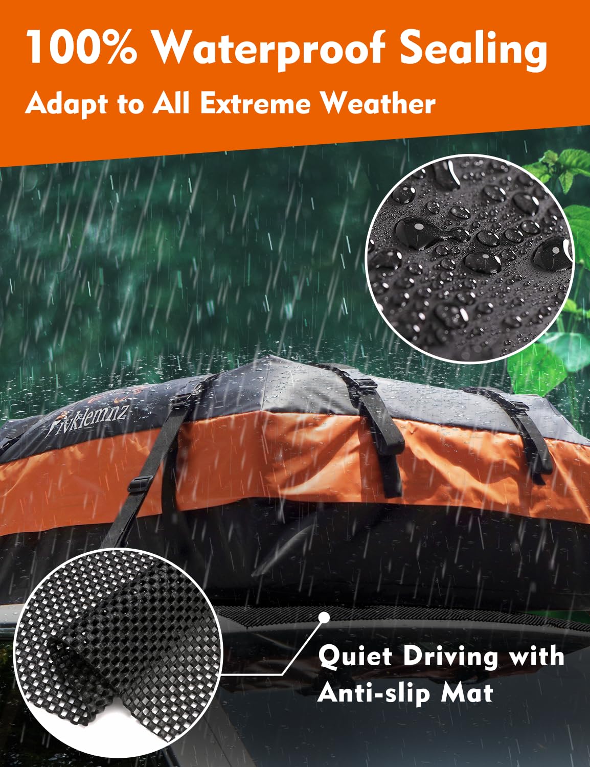 FIVKLEMNZ roof cargo bag with cover closed demonstrating waterproof protection