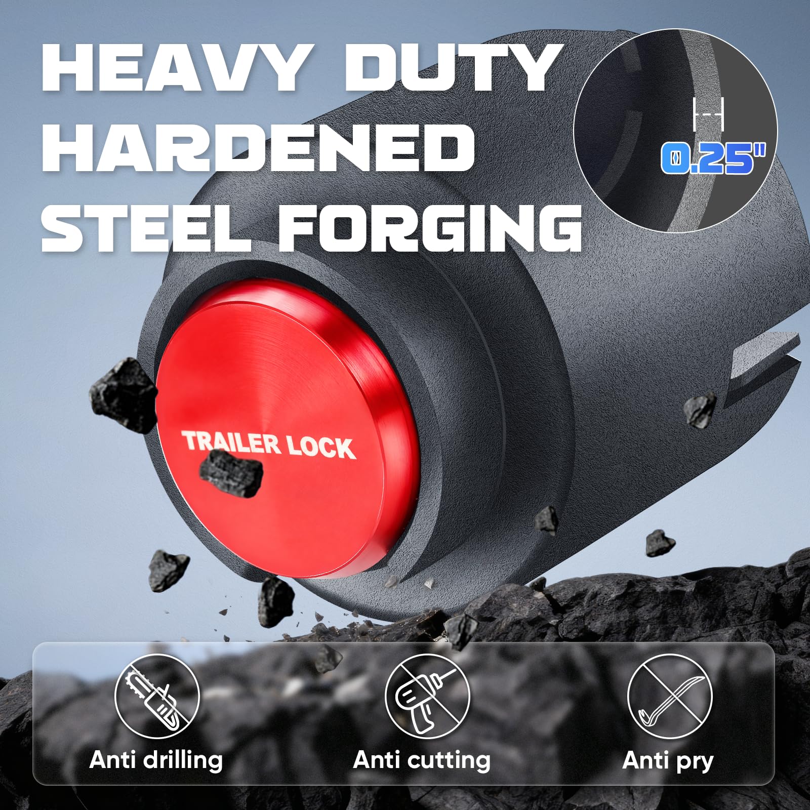FixOasis trailer lock emphasizing compatibility with 1-7/8, 2, 2-5/16, and Bulldog couplers