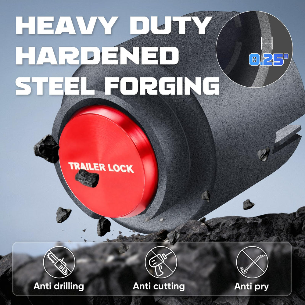 FixOasis trailer lock emphasizing compatibility with 1-7/8, 2, 2-5/16, and Bulldog couplers
