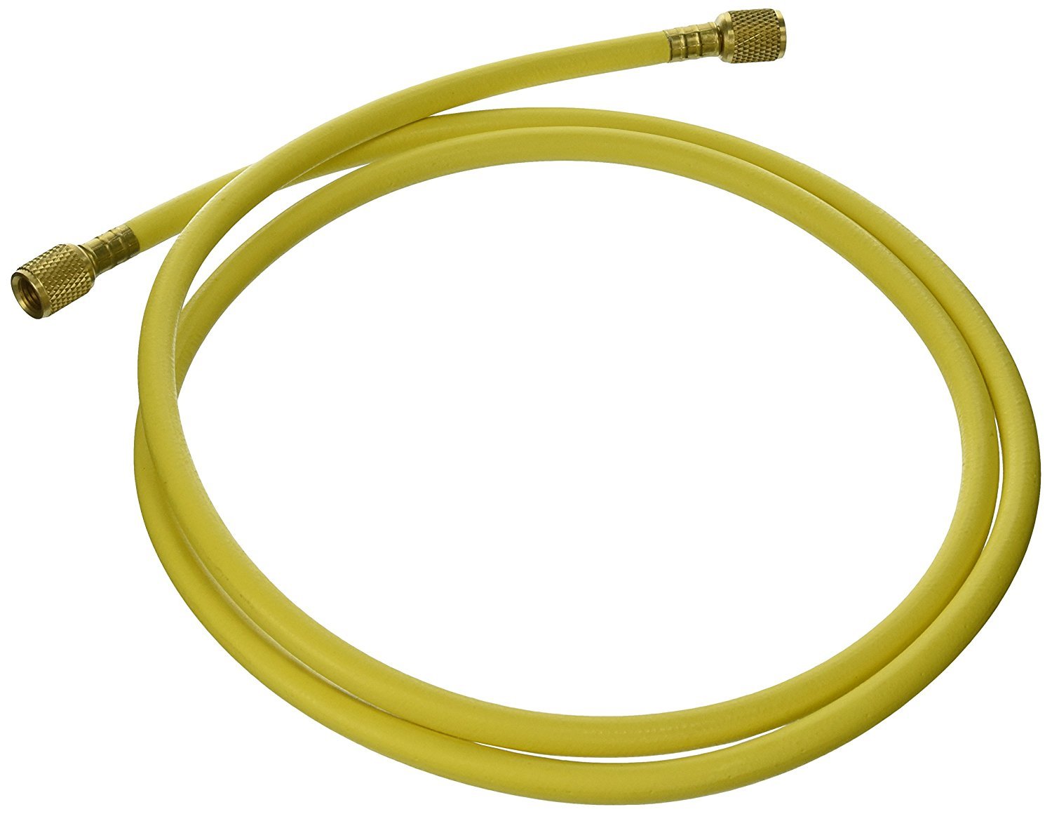 FJC 6527 yellow 72-inch R134A charging hose with built-in depressor for controlled discharge.
