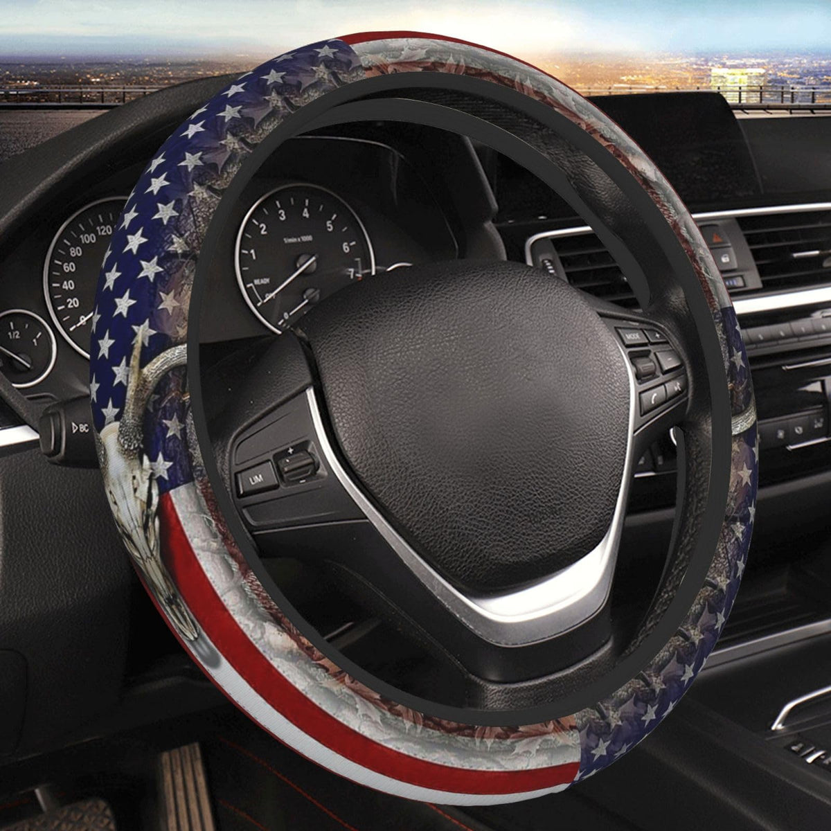 FJyuanqi camouflage deer American flag steering wheel cover enhances interior style and protection.