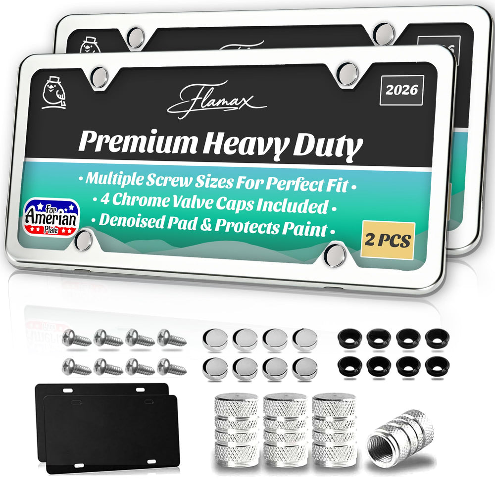 Flamax premium chrome license frame, front view, adds durable shine.