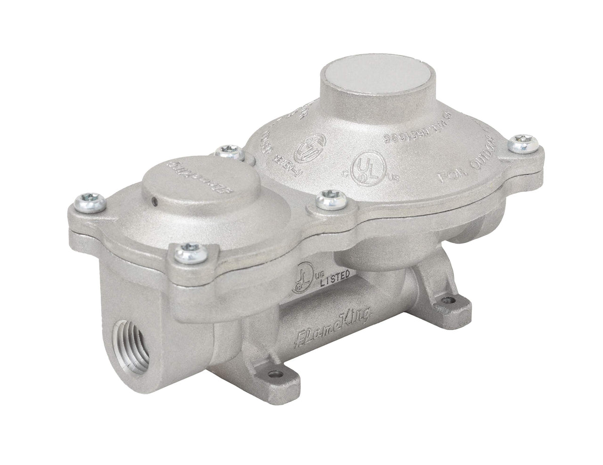 Flame King 160k btu vertical regulator closeup highlighting dual-stage design for RV propane flow