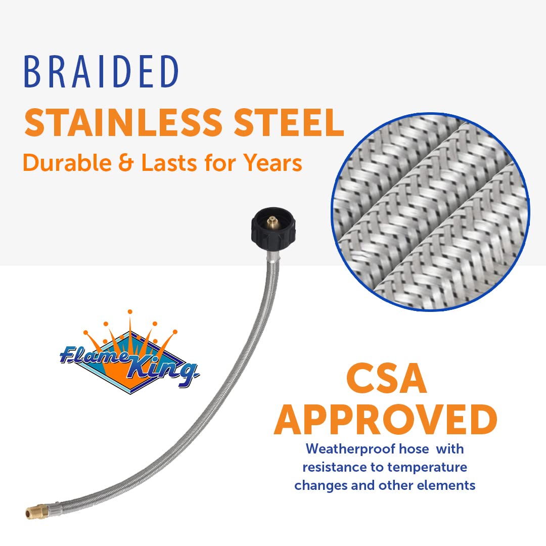Excess flow protection in Flame King pigtail hose reduces leak risk during travel.