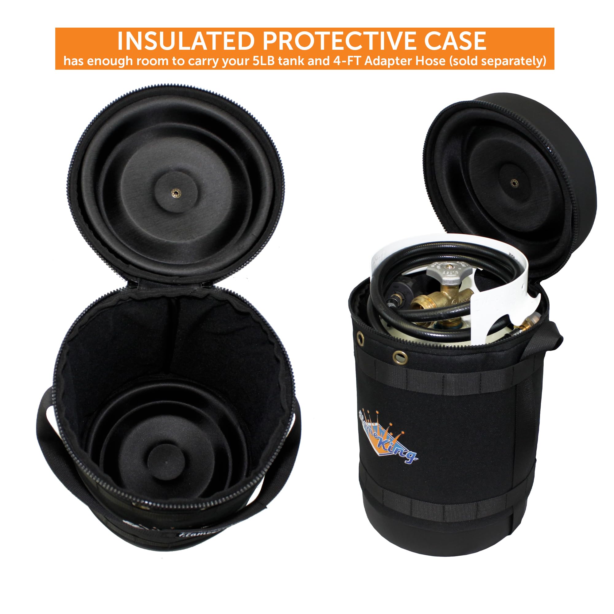 Flame King 5lb steel tank fits snugly in insulated hauler