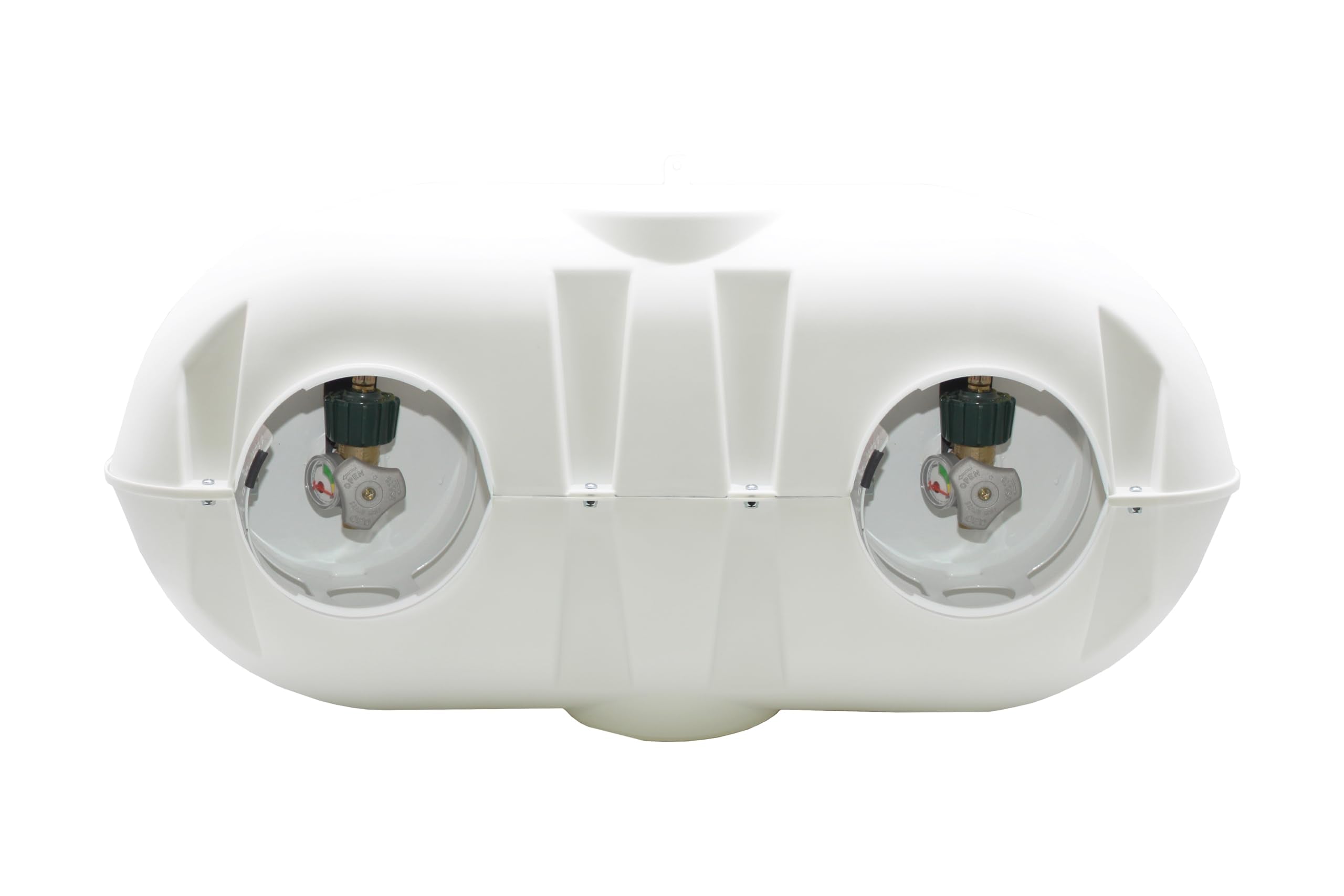 Flame King dual 30lb tank cover on RVs and trailers keeps setups tidy and protected.