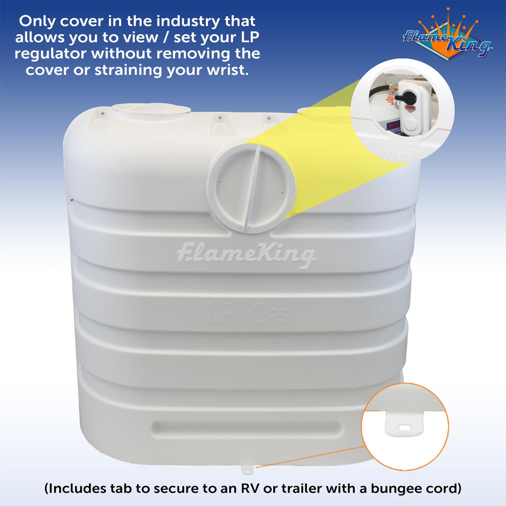 Flame King dual 30lb tank cover side view highlights easy regulator access without removing the cover.