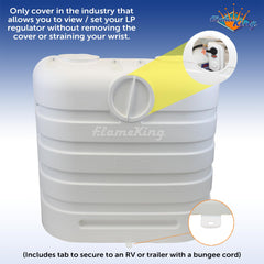 Flame King dual 30lb tank cover side view highlights easy regulator access without removing the cover.