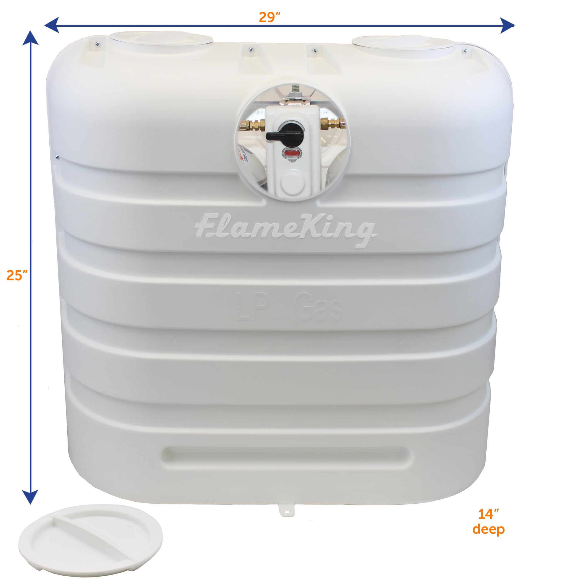 Flame King dual 30lb tank cover top hatch view enables fast valve checks.