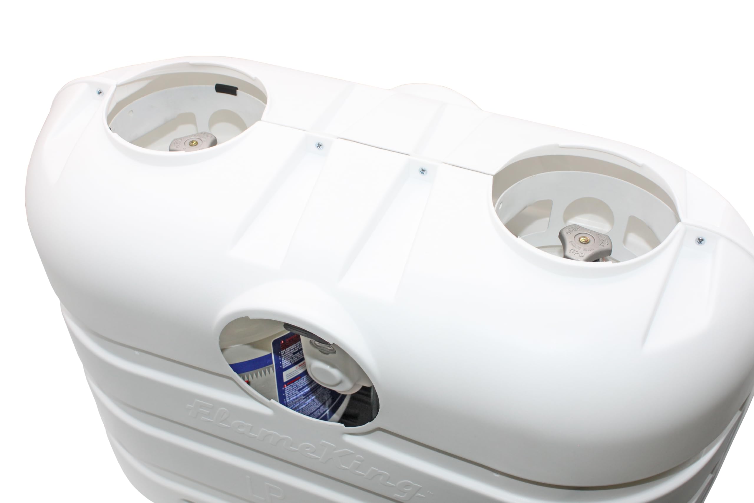 Flame King white finish blends with RV exteriors while shielding dual tanks.