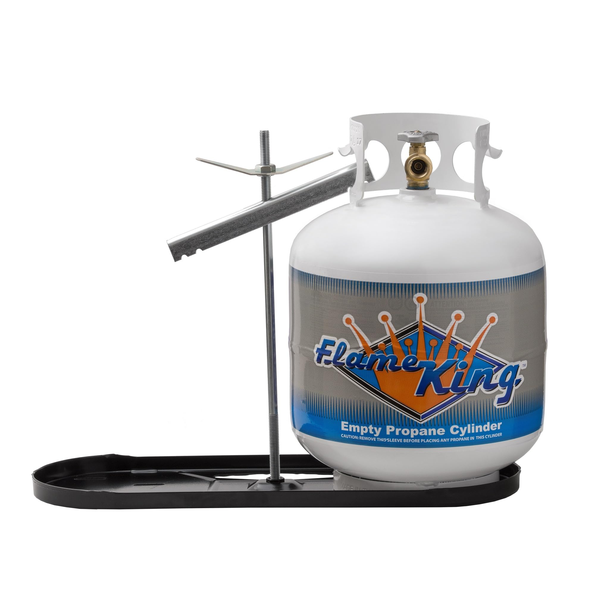 Flame King dual rv tank rack base securely holds two 20 lb tanks during travel.