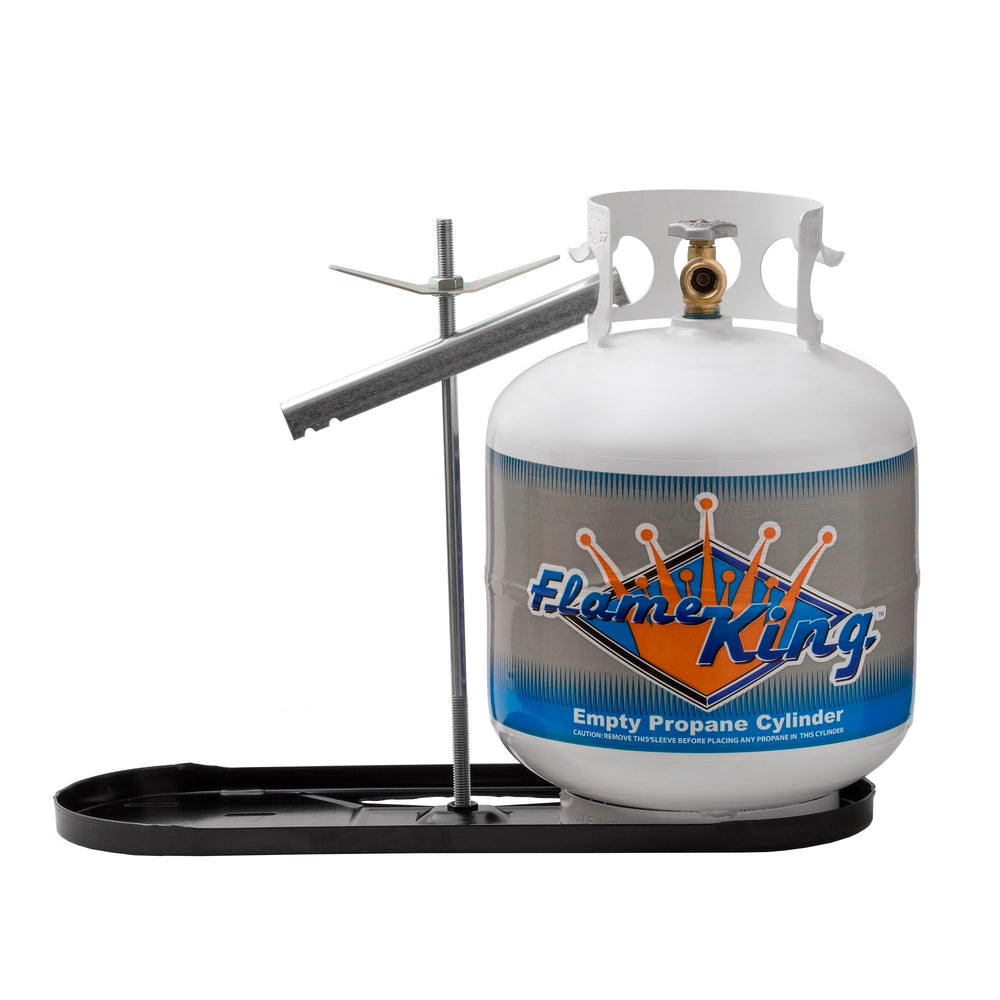 Flame King dual rv tank rack base securely holds two 20 lb tanks during travel.