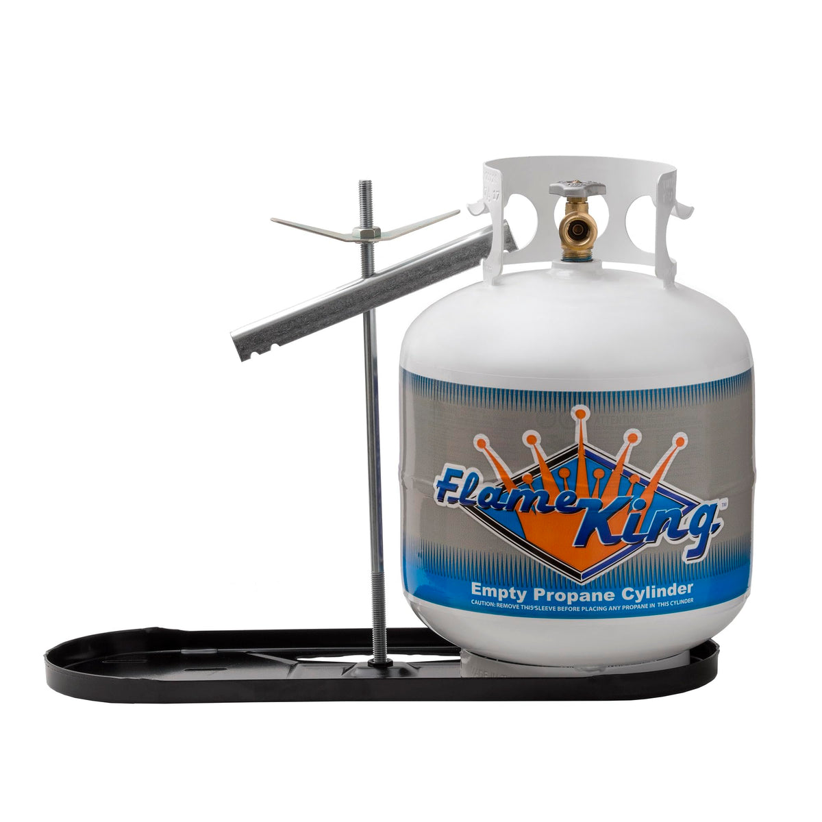 Flame King dual rv tank rack base securely holds two 20 lb tanks during travel.