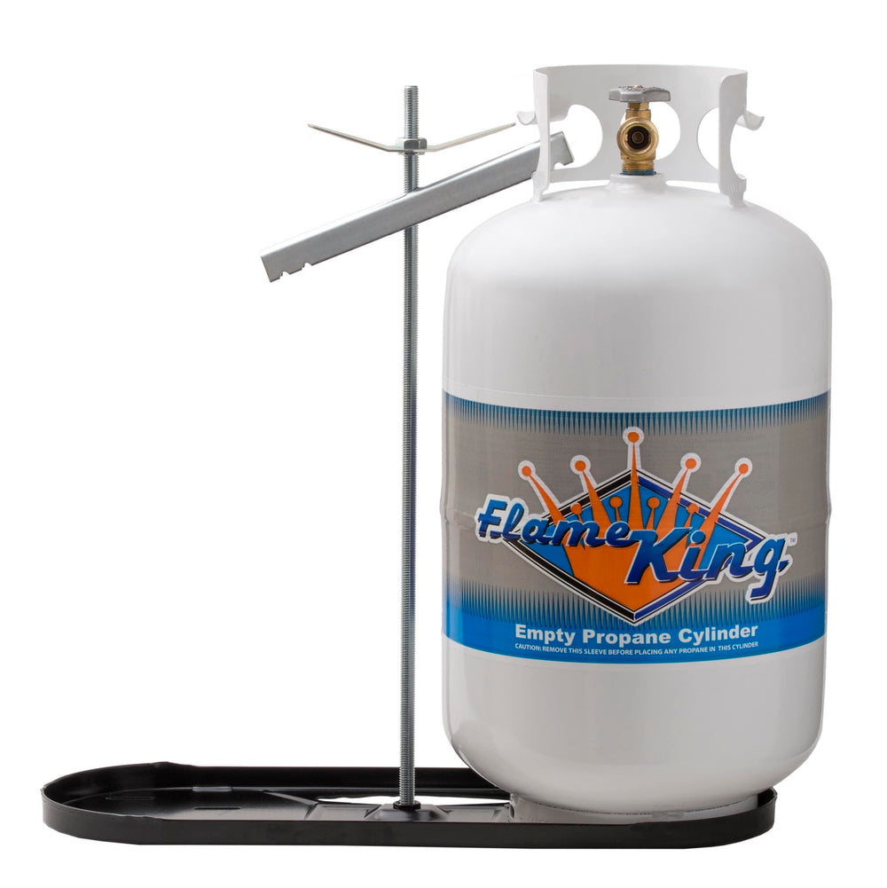 Flame King dual rv tank rack base keeps two 30lb tanks secure during travel