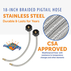 Flame King stainless steel braided hose for durability during camping.