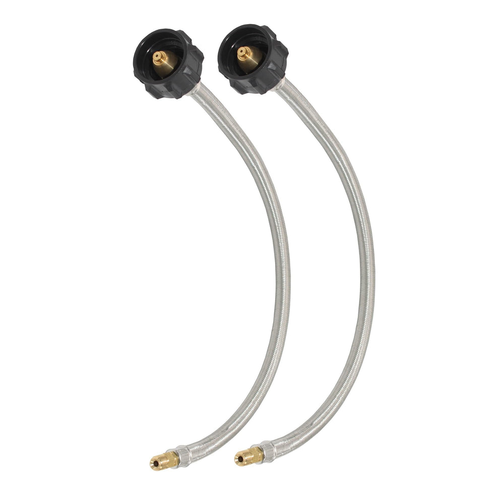 Flame King FK-SSPT-18IN-FLAREX2 hose coiled for RV use and safe gas connection.
