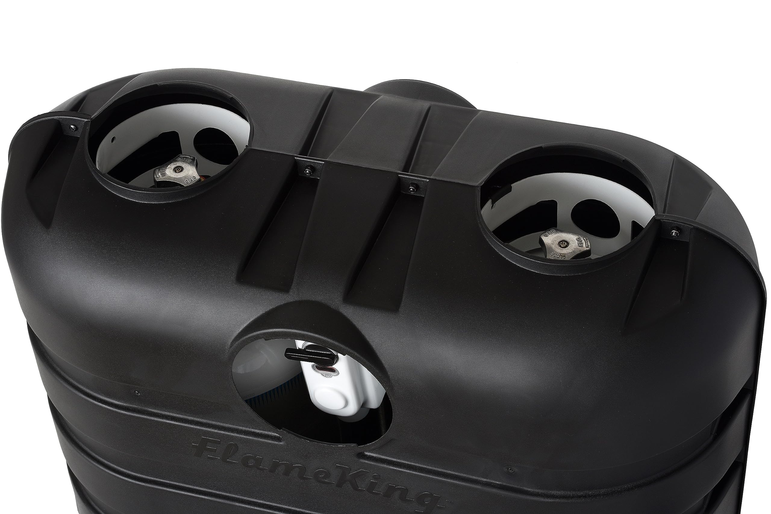 Flame King low-profile black finish preserves RV aesthetics while covering tanks.
