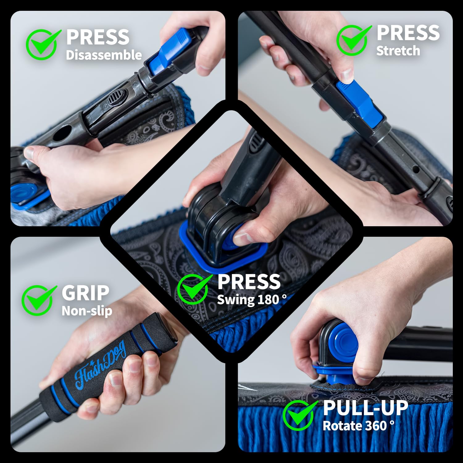 360 swivel head accesses tight spots and crevices on vehicles