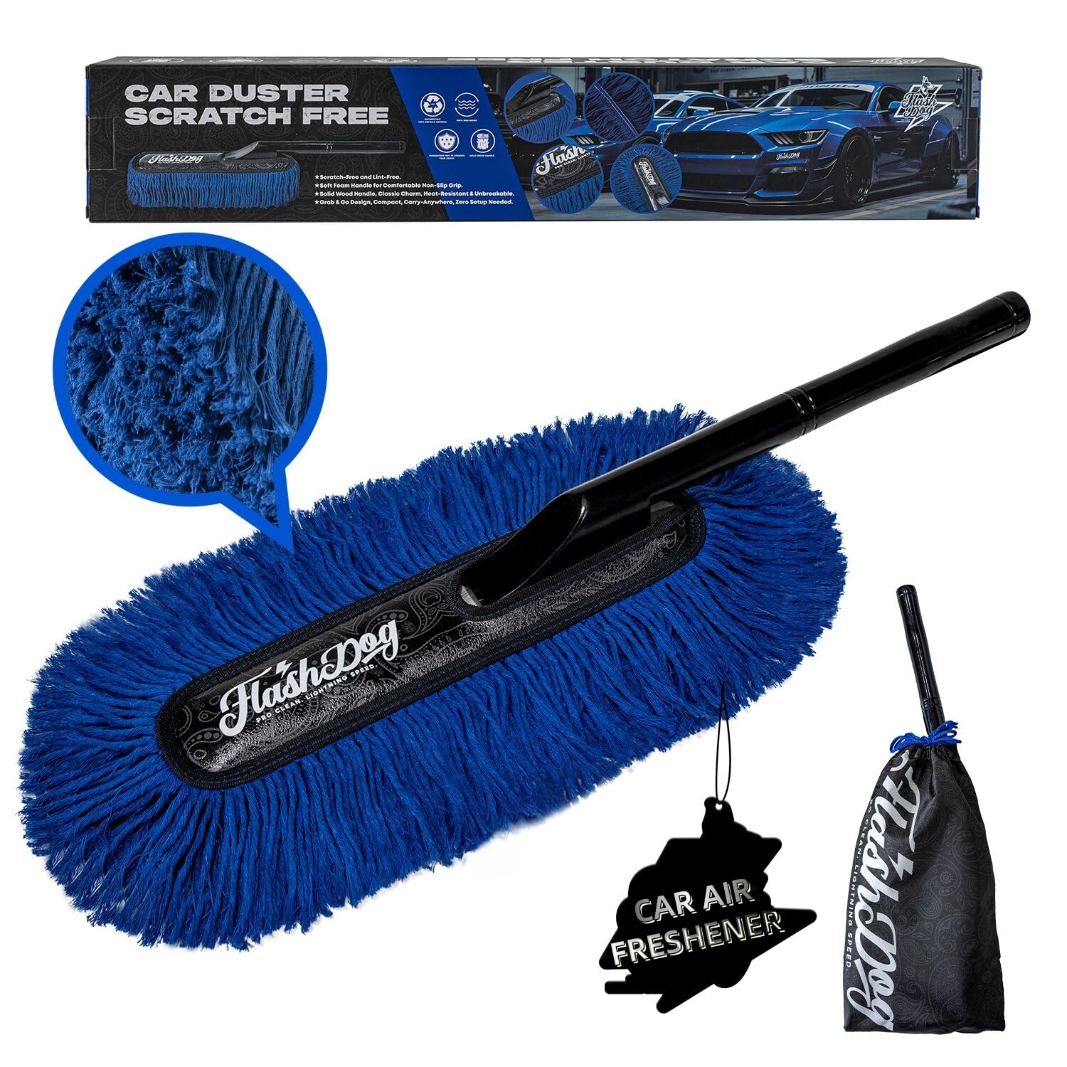 Flash Dog Car Duster Exterior safely lifts dust with wax-infused fibers for a quick shine.