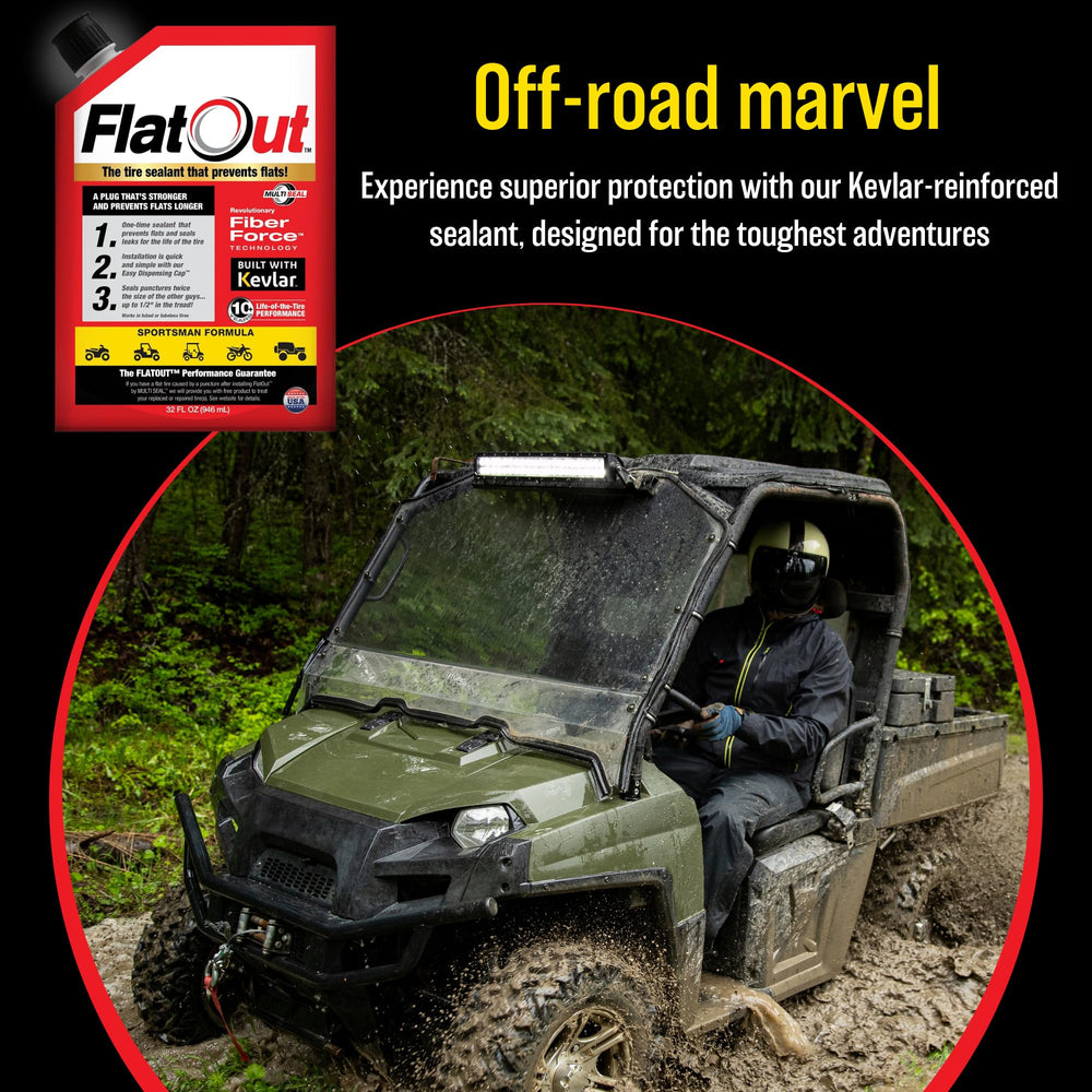 FlatOut Kevlar fibers sealant visual demonstrates reinforced protection for off-road tires