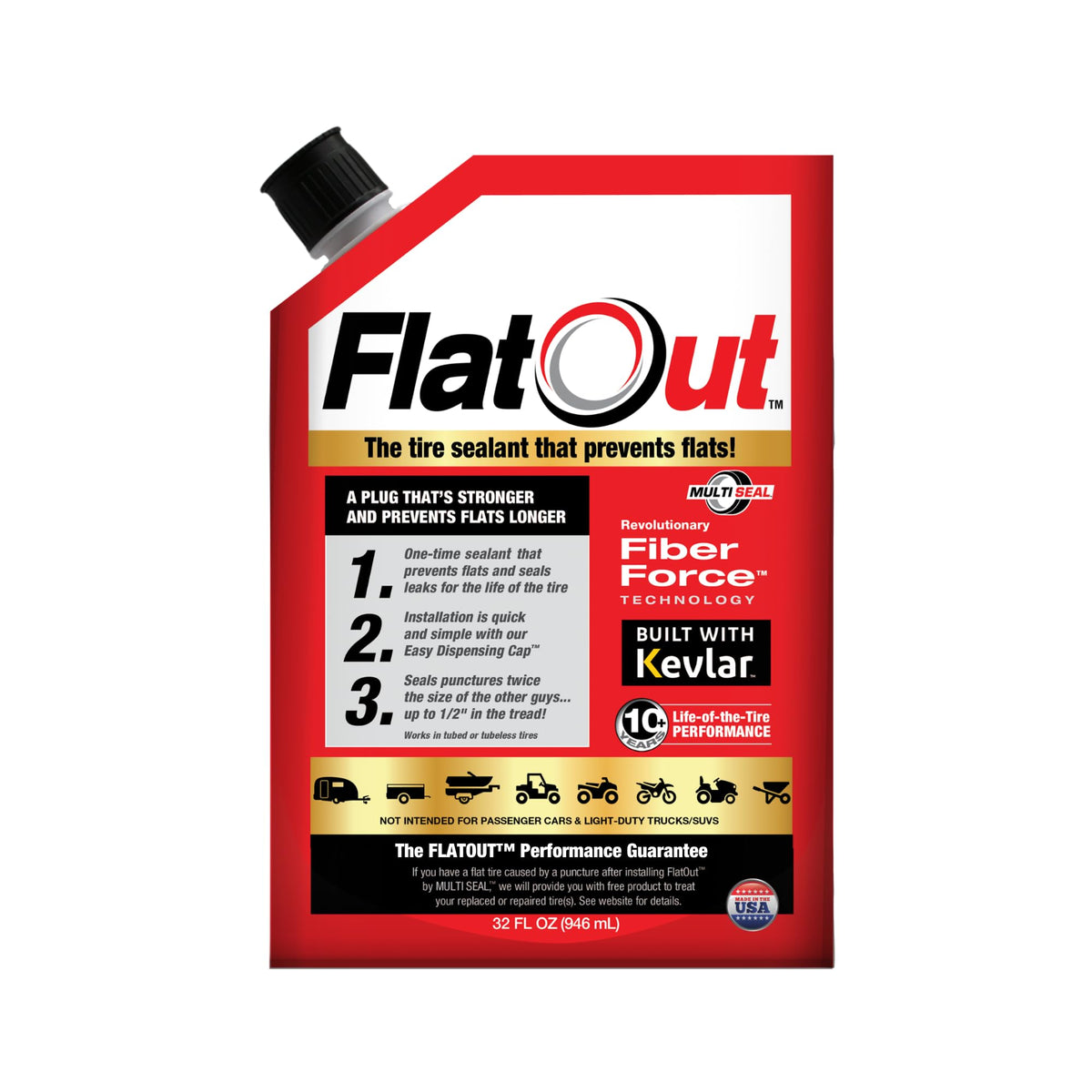 FlatOut off-road sealant 32oz front view for rugged terrain puncture prevention.