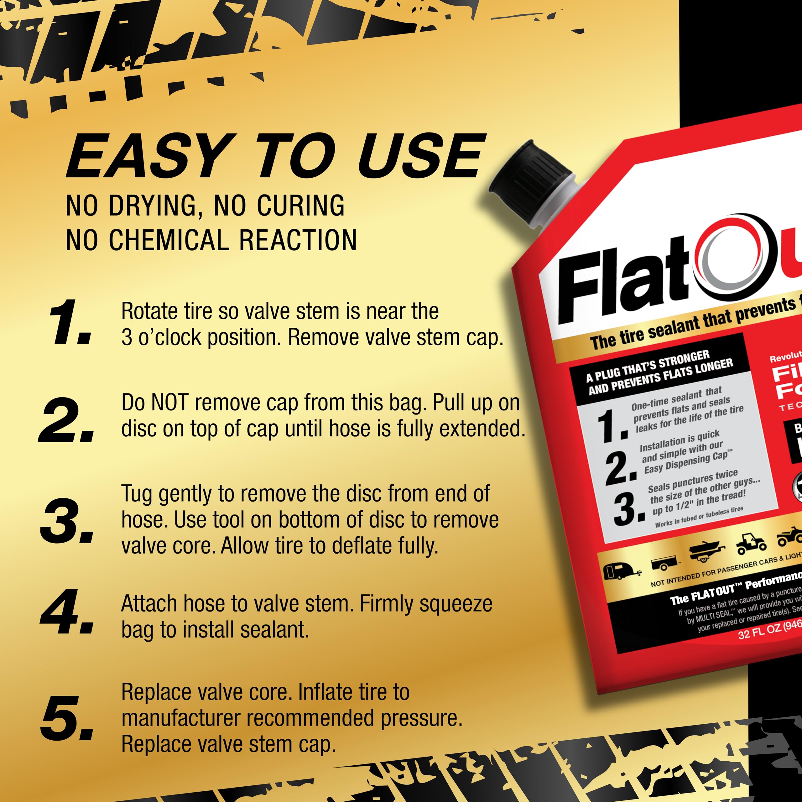 FlatOut sealant being poured for quick tubeless tire repairs on a dusty trail.