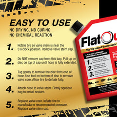 FlatOut sealant being poured for quick tubeless tire repairs on a dusty trail.