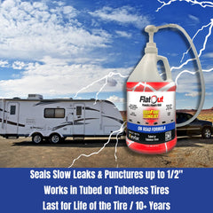 FlatOut QuickStrike Kevlar-fiber sealant strengthens puncture sealing capability.