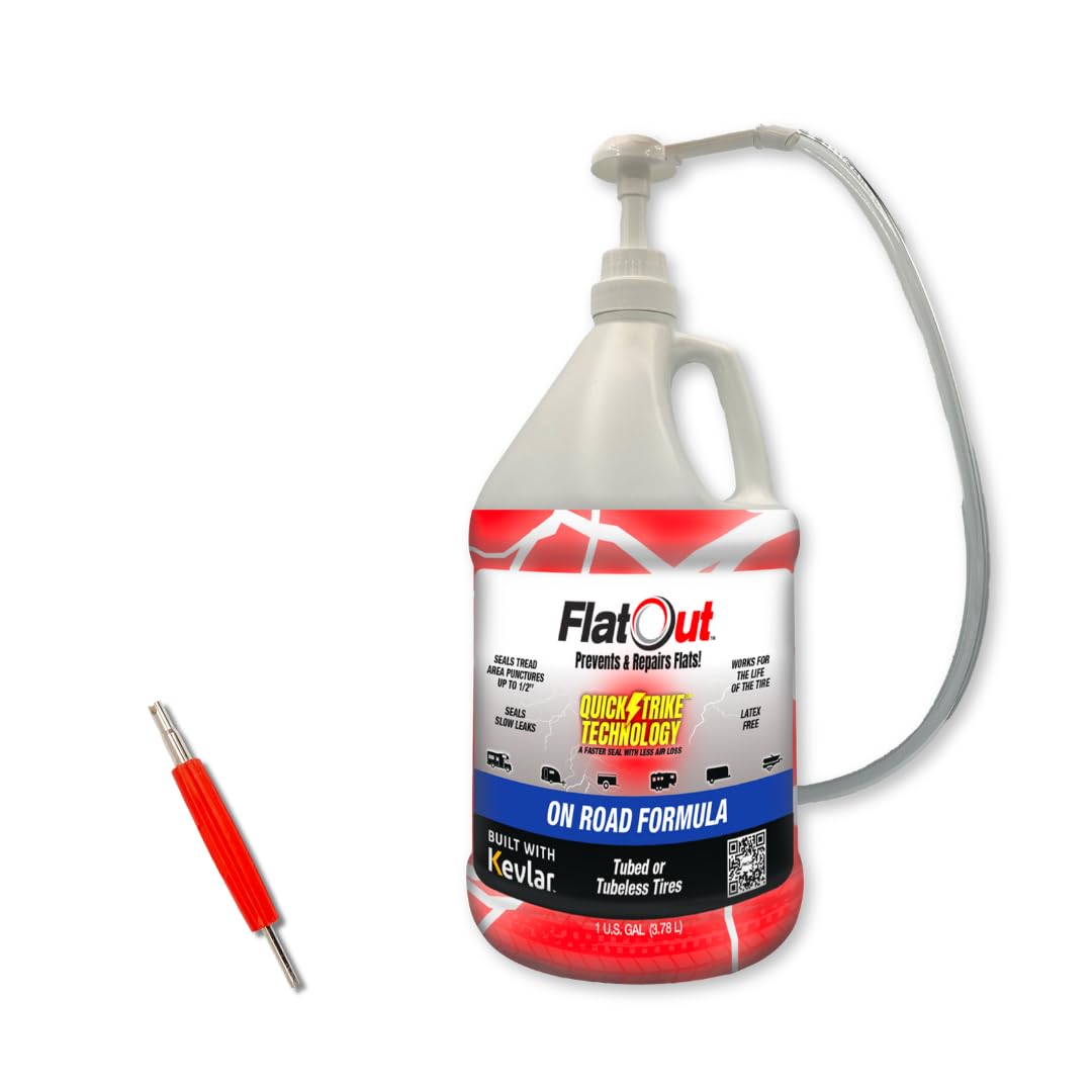 FlatOut QuickStrike on-road tire sealant with 1 gal and tool for fast puncture sealing.