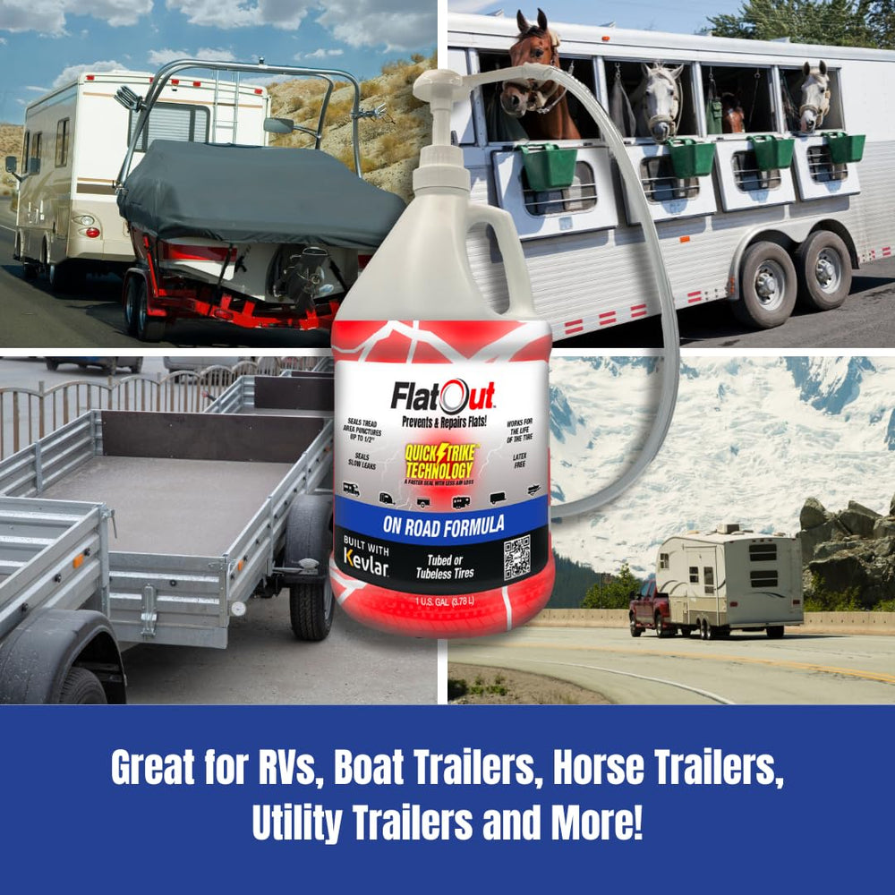 FlatOut QuickStrike flow illustrates rapid sealing of tire punctures.