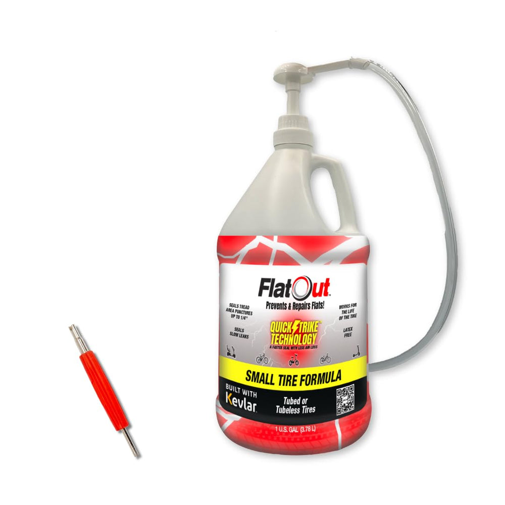 FlatOut QuickStrike bottle ready to seal small tire punctures quickly.