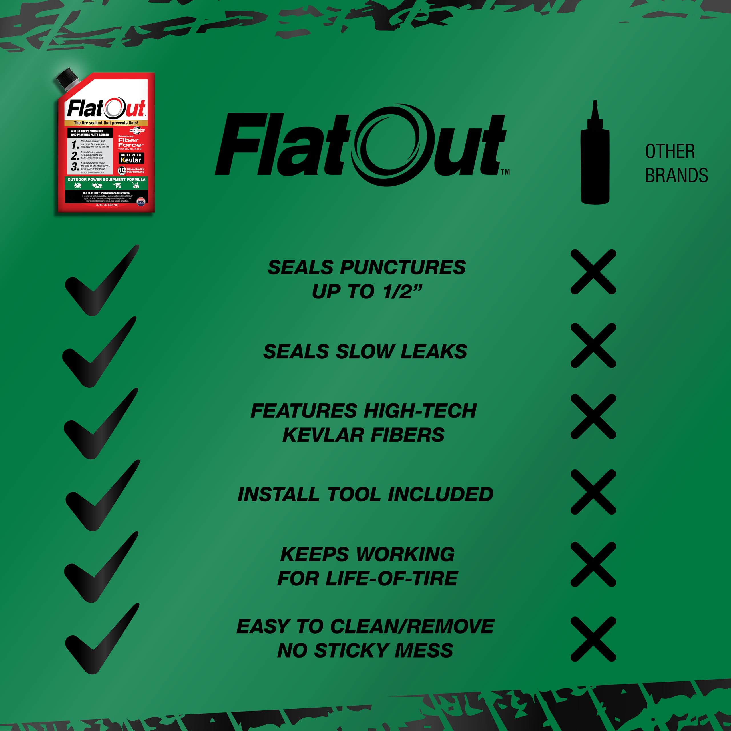 Riding lawn mower tire shown with FlatOut sealant prepared for use.